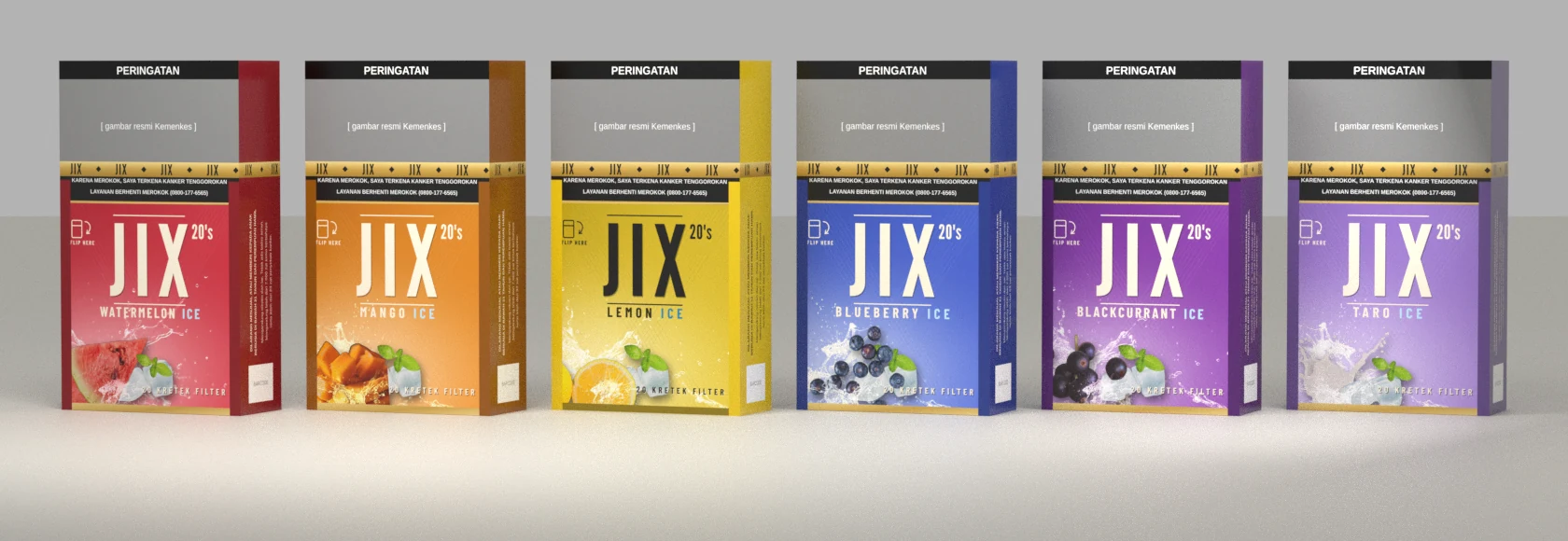 Mockup 3D enam kemasan JIX dalam berbagai rasa